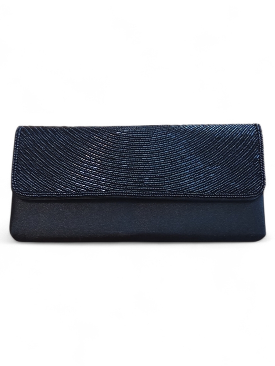 Handbags - Elegant Black Satin Formal Evening Clutch with Beaded Front Flap